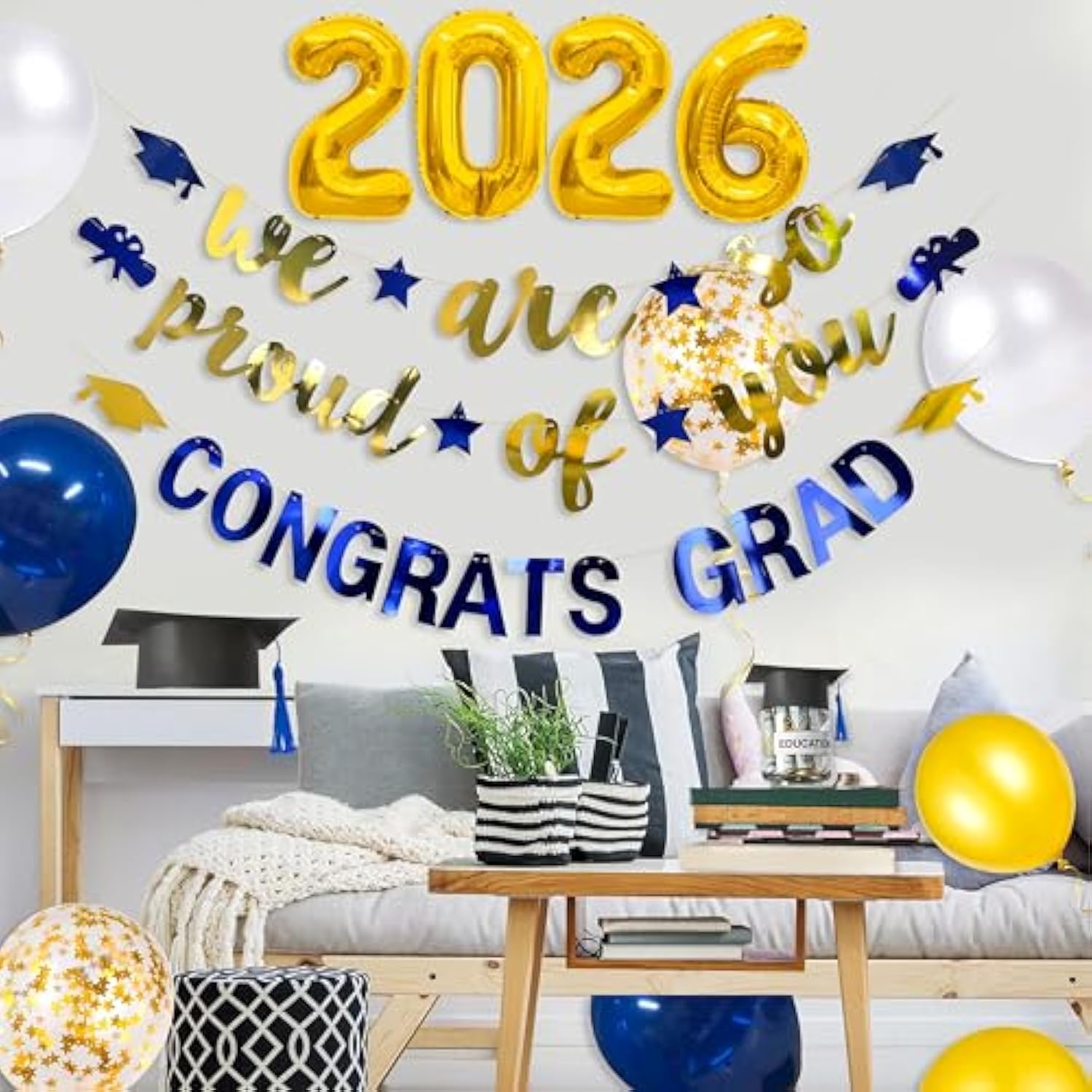 Navy Blue Gold 2026 Graduation Party Decorations Foil Balloon 2026 We Are So Proud Of You Congrats Grad Graduation Banner Blue Gold Cap Diploma Star Garland For Congratulations Party Decor Supplies