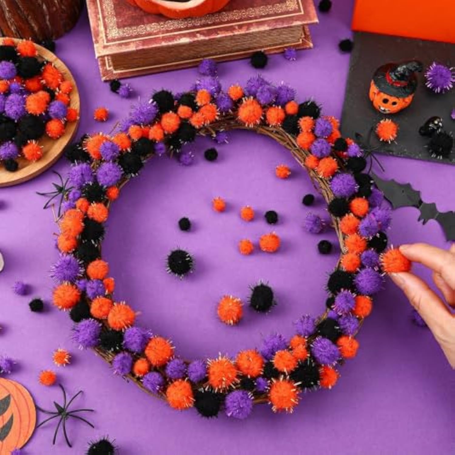 Halloween Pom Poms: Orange, Black, Purple Craft Fluffy Balls (600 Pieces