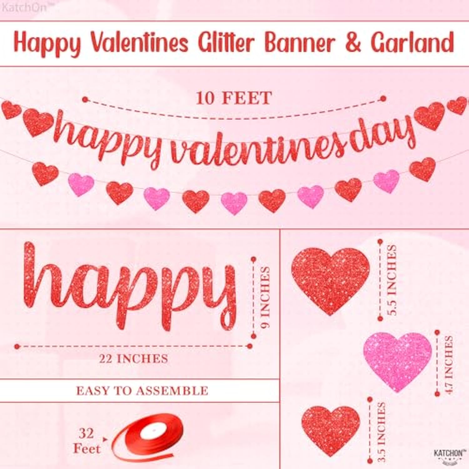 Valentines Day Decorations Set - Big, Pack Of 28 | Glitter Valentines Day Banner, 10 Feet | Heart Balloons, Heart Garland | Paper Flowers | Valentines Balloons For Valentines Decorations