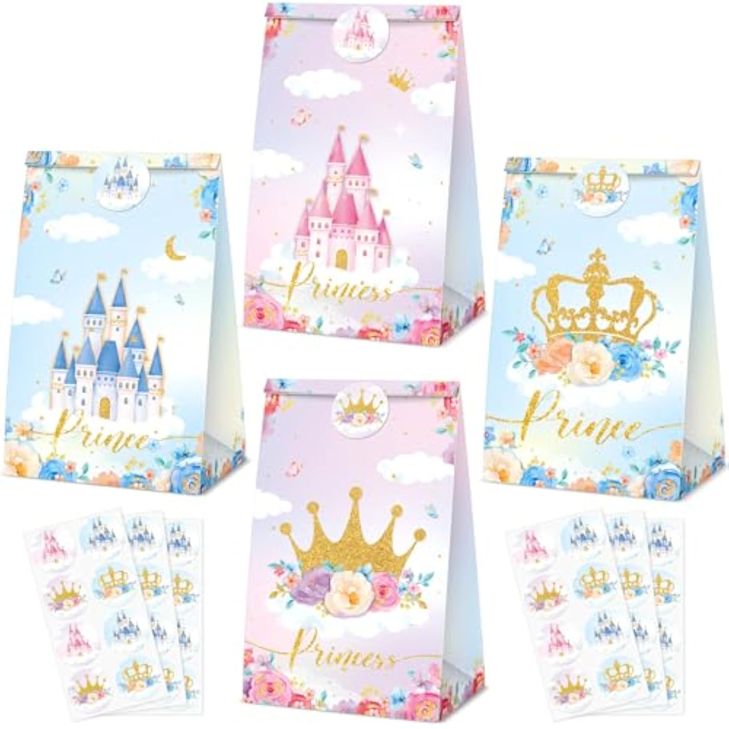 32 Pcs Princess Prince Favor Bags Princess Crown Castle Party Bags Include 4 Style Sticker Handles Candy Goodie For Gender Reveal Bridal Shower Wedding Supplies