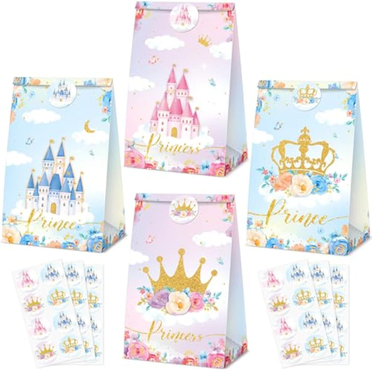 32 Pcs Princess Prince Favor Bags Princess Crown Castle Party Bags Include 4 Style Sticker Handles Candy Goodie For Gender Reveal Bridal Shower Wedding Supplies