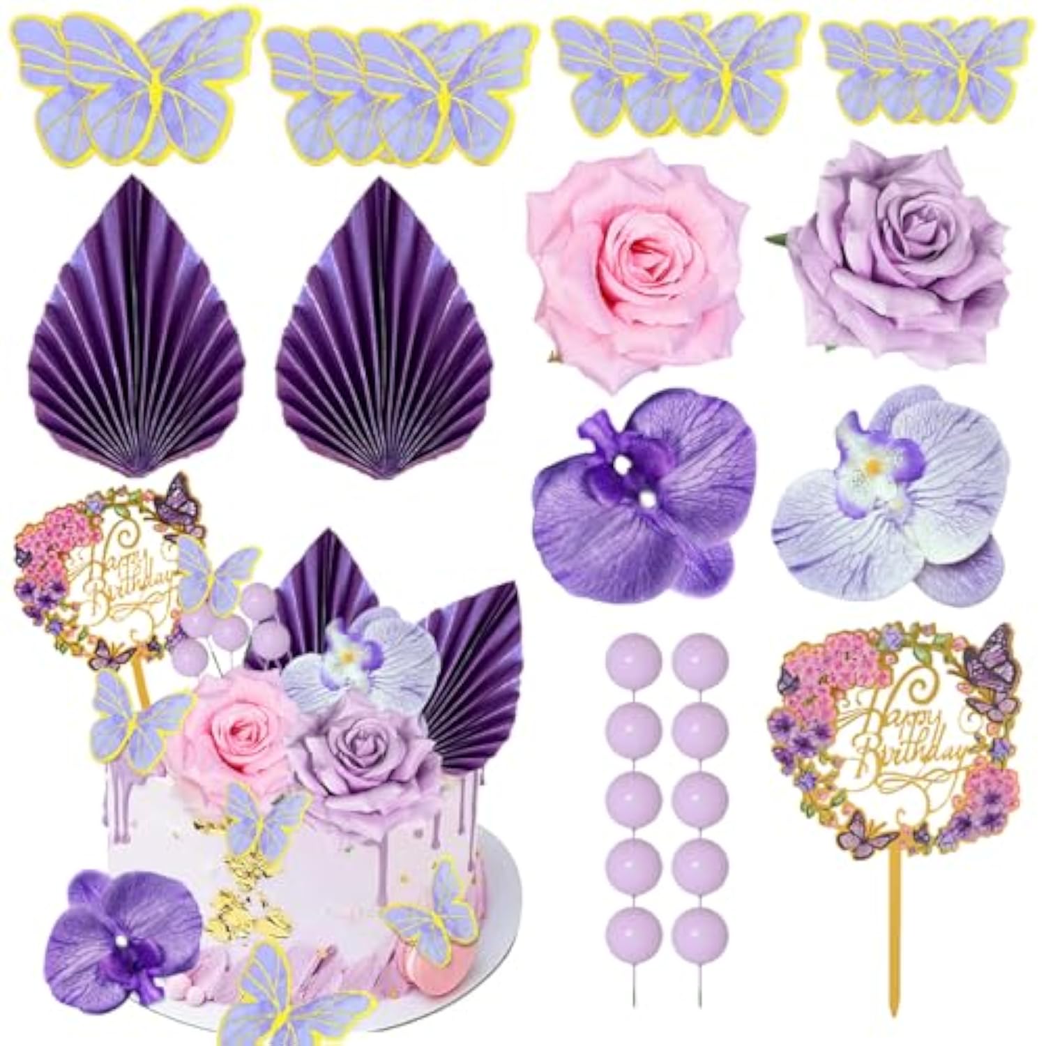 27 Pcs Flower Cake Toppers Acrylic Cake Toppers Happy Birthday Butterfly Palm Leaves Dessert Decoration For Birthday Party Wedding Baby Shower Supplies(Pink Purple)