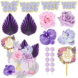 27 Pcs Flower Cake Toppers Acrylic Cake Toppers Happy Birthday Butterfly Palm Leaves Dessert Decoration For Birthday Party Wedding Baby Shower Supplies(Pink Purple)