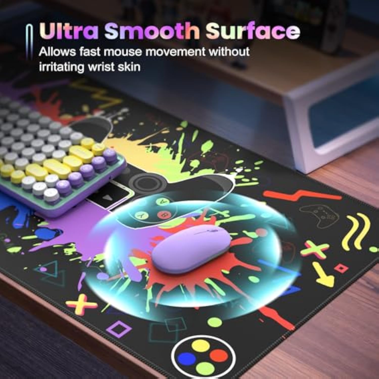 Computer Desk Mat, Desk Protector Mat With Stitched Edges, Non-Slip Keyboard And Mouse Pad, 35.4" X 15.7" Black Mouse Pad For Gamer, Water Resistant Gaming Accessories(Double Controller)