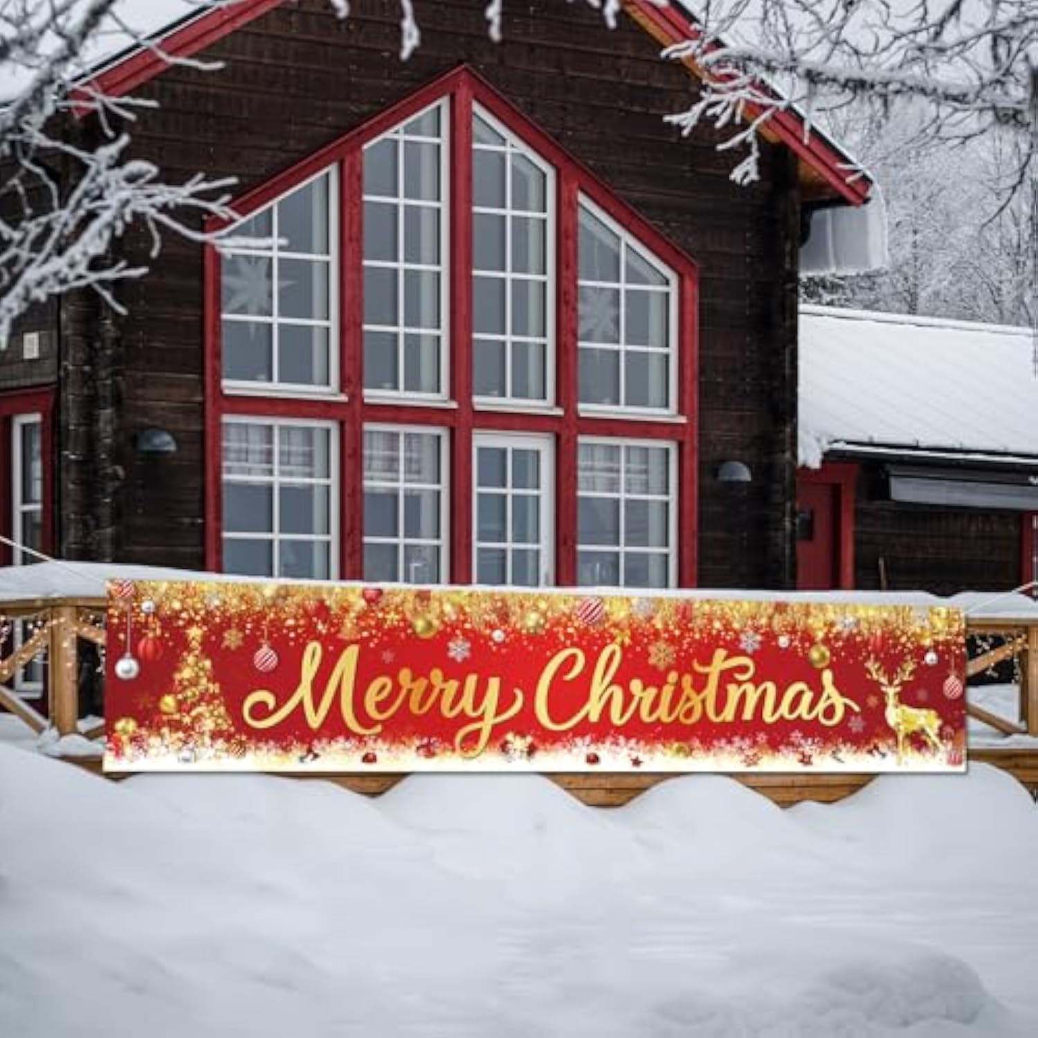 Merry Christmas Banner - Red And Gold Large Outdoor Xmas Tree Elk Banner For Christmas Holiday Party Fence Yard Sign Decoration Photo Background, 9.8 2Ft