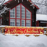 Merry Christmas Banner - Red And Gold Large Outdoor Xmas Tree Elk Banner For Christmas Holiday Party Fence Yard Sign Decoration Photo Background, 9.8 2Ft