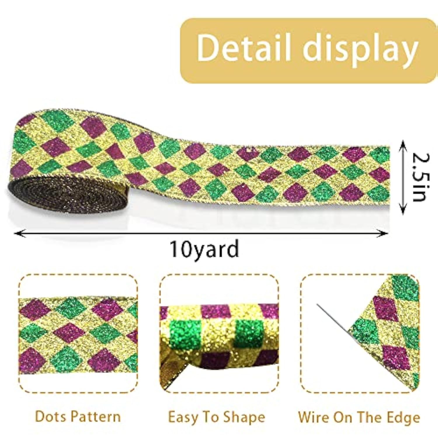 Mardi Gras Wired Edge Ribbons 2.5" 10 Yards, Gold Glitter Wired Edge B