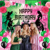 Pink And Green Birthday Party Decorations, Witch Themed Happy Birthday Backdrop Banner Balloons Paper Pom Poms Paper Tassel Foil Fringe Curtains For Girls Princess Birthday Party Supplies Decorations