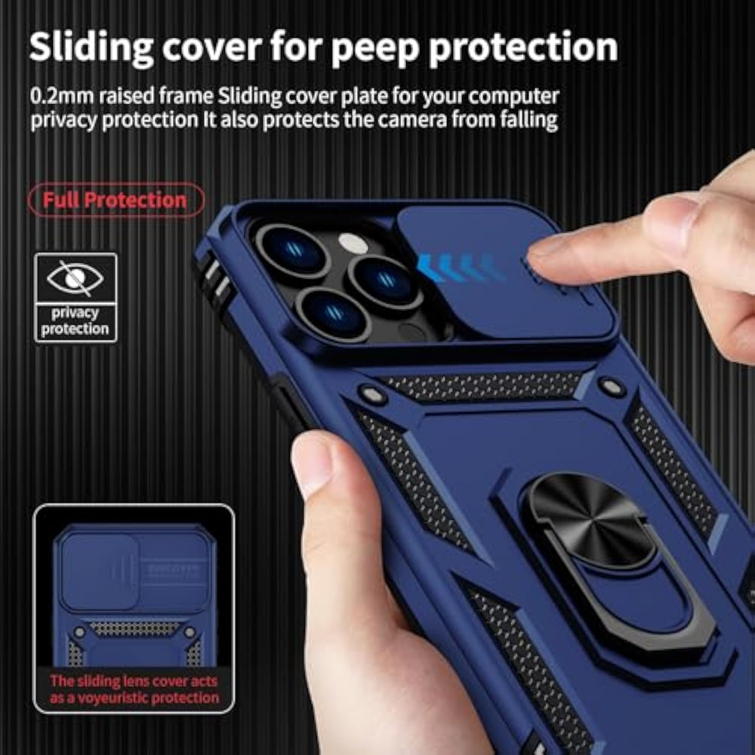 For Iphone 12 Pro Max Case With Camera Lens Cover, Hd Screen Protector, 10 Ft Military Grade Drop Protection, Magnetic Ring Holder Kickstand Protective Phone Case For Iphone 12 Pro Max ,Navy Blue
