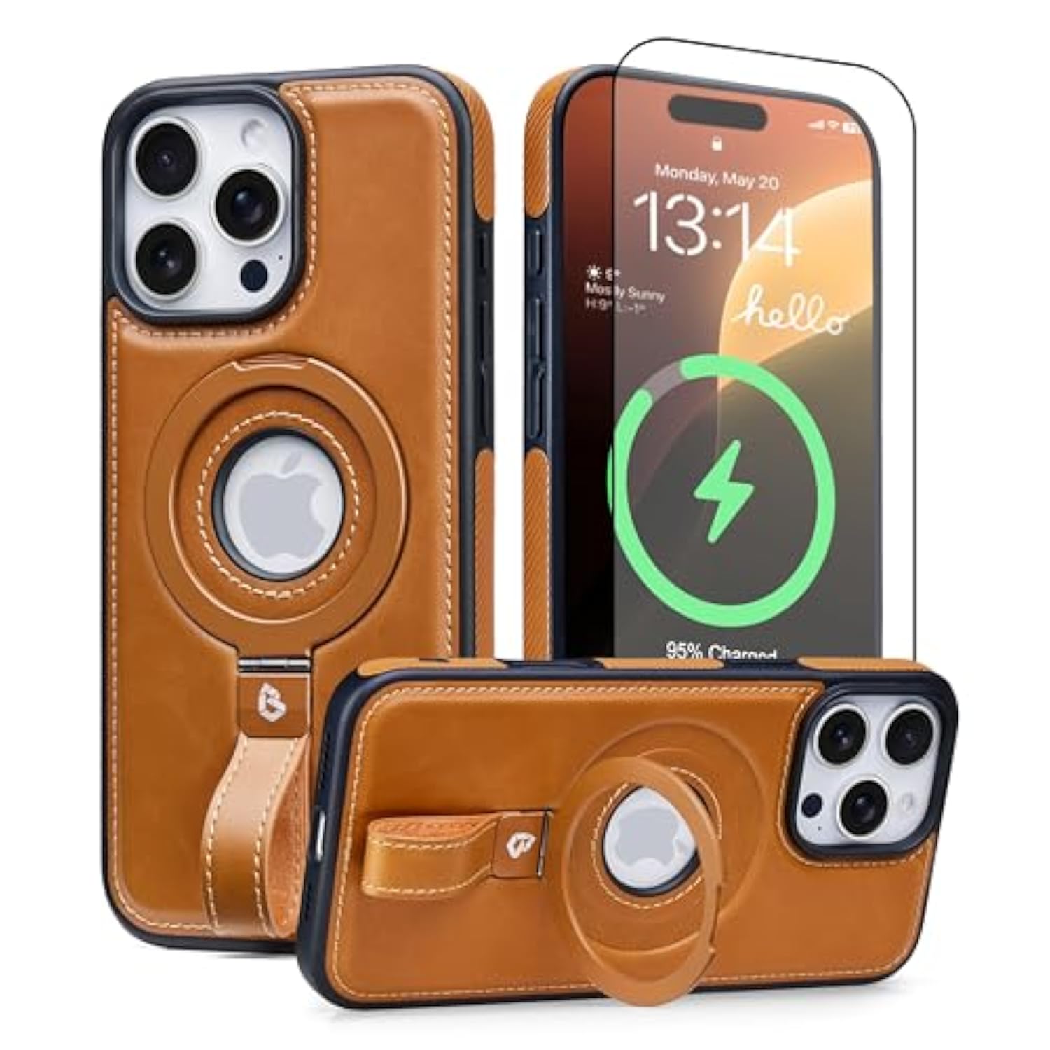 Magnetic Ring Grip Holder For 16 Pro Max Case | Protective Phone Leather Case | Compatible With Magsafe | Built In Kickstand (Brown, Ip 16 Pro Max-6.9Inch)