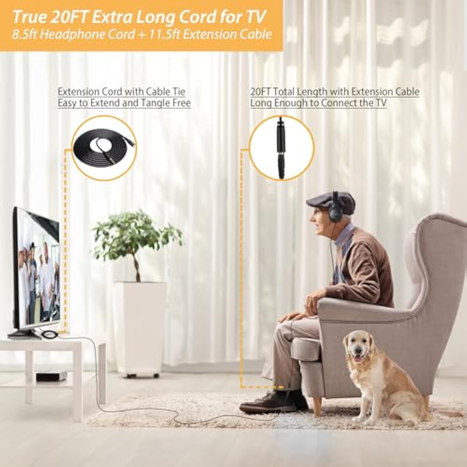 20Ft Extra Long Cord Headphones For Tv & Pc With Volume Control, Wired Tv Headset With Extension Cable, 3.5Mm Aux Jack With Usb & Rca Adapters For More Tvs, Senior Friendly