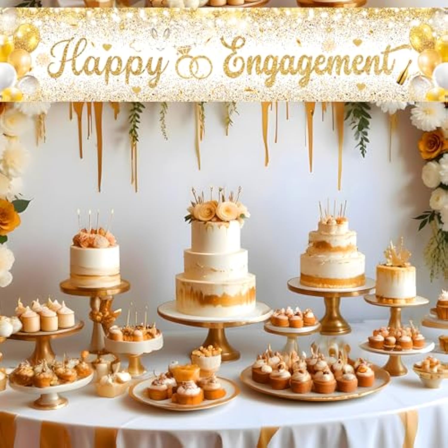Gold Engagement Party Decorations White Gold Happy Engagement Yard Banner Just Engaged Banner Backdrop Happy Engaged Decorations For Outdoor Garden Lawn