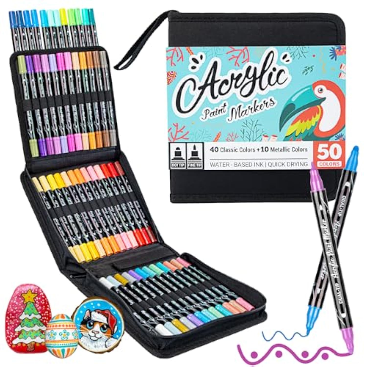 50 Colors Dual Tip Acrylic Paint Pens Cotton Nib Markers With Quick Dry Ink (1Mm Fine & 5Mm Dot Tips) Rock Painting, Wood, Fabric, Glass Diy Art Supplies For Adults Kids, Christmas Gifts