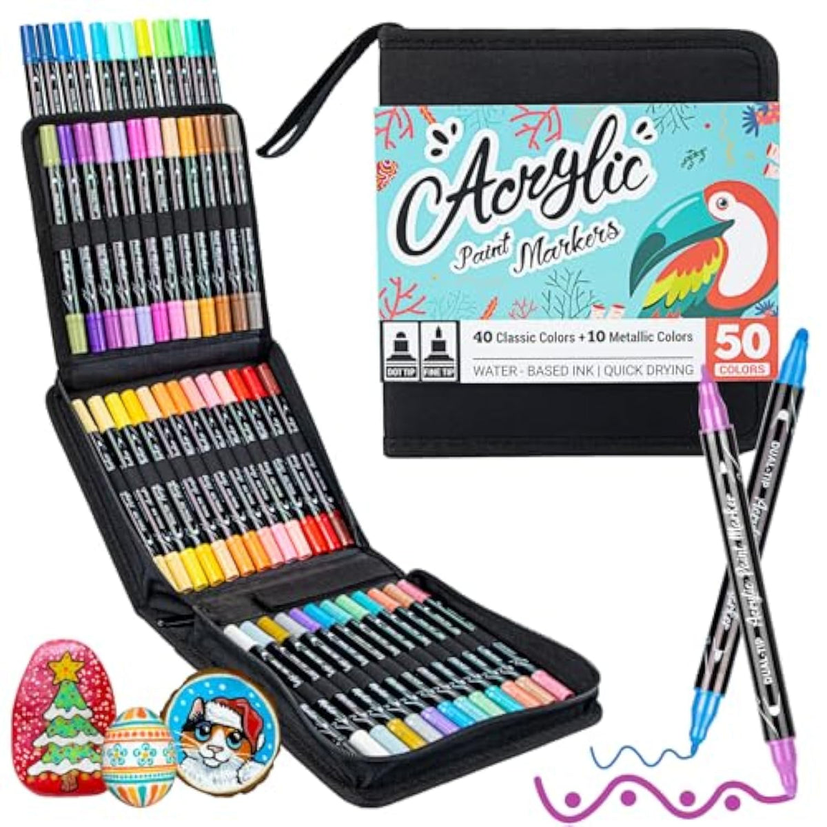 50 Colors Dual Tip Acrylic Paint Pens Cotton Nib Markers With Quick Dry Ink (1Mm Fine & 5Mm Dot Tips) Rock Painting, Wood, Fabric, Glass Diy Art Supplies For Adults Kids, Christmas Gifts