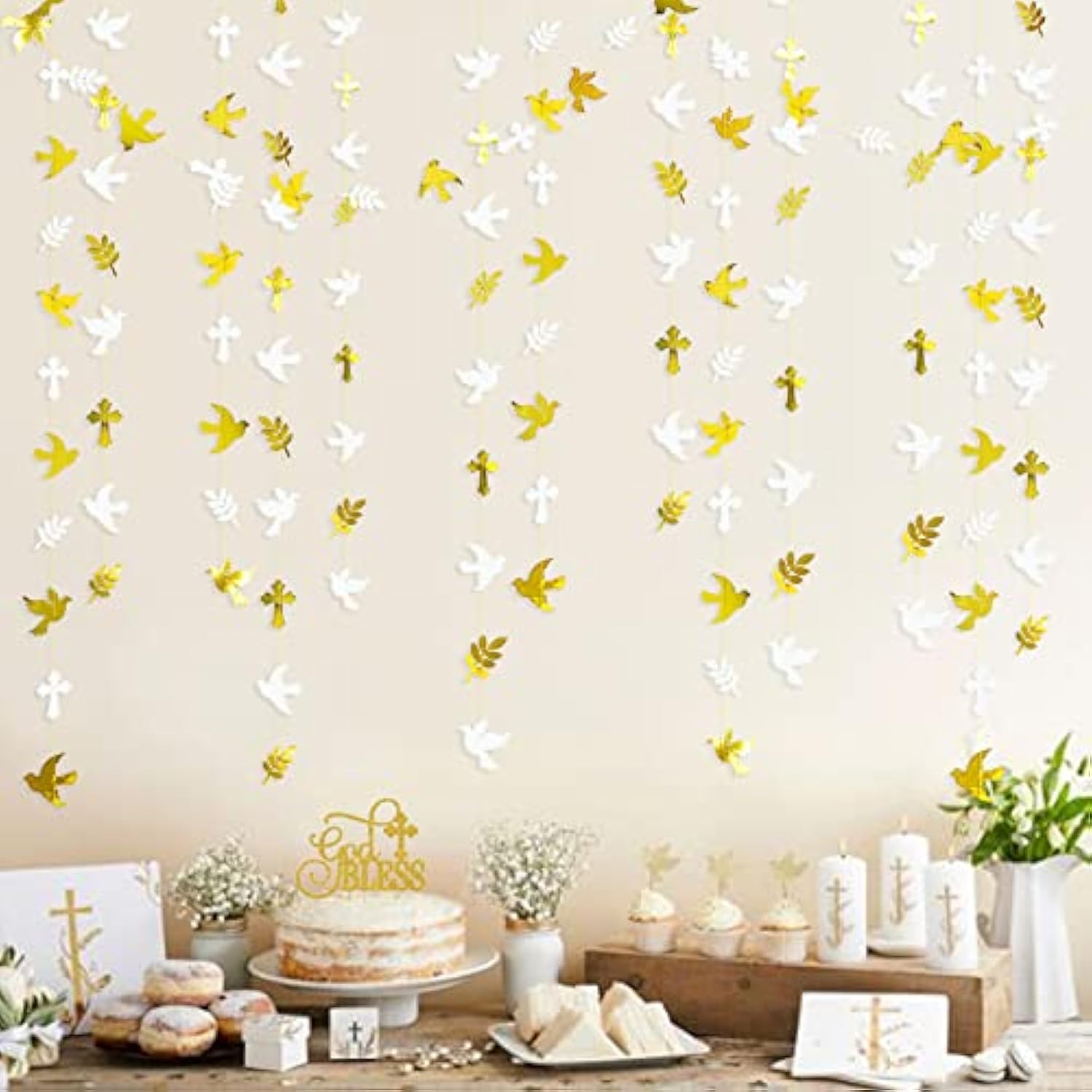 40Ft Gold And White Peace Doves Olive Leaf Cross Paper Garland Streame