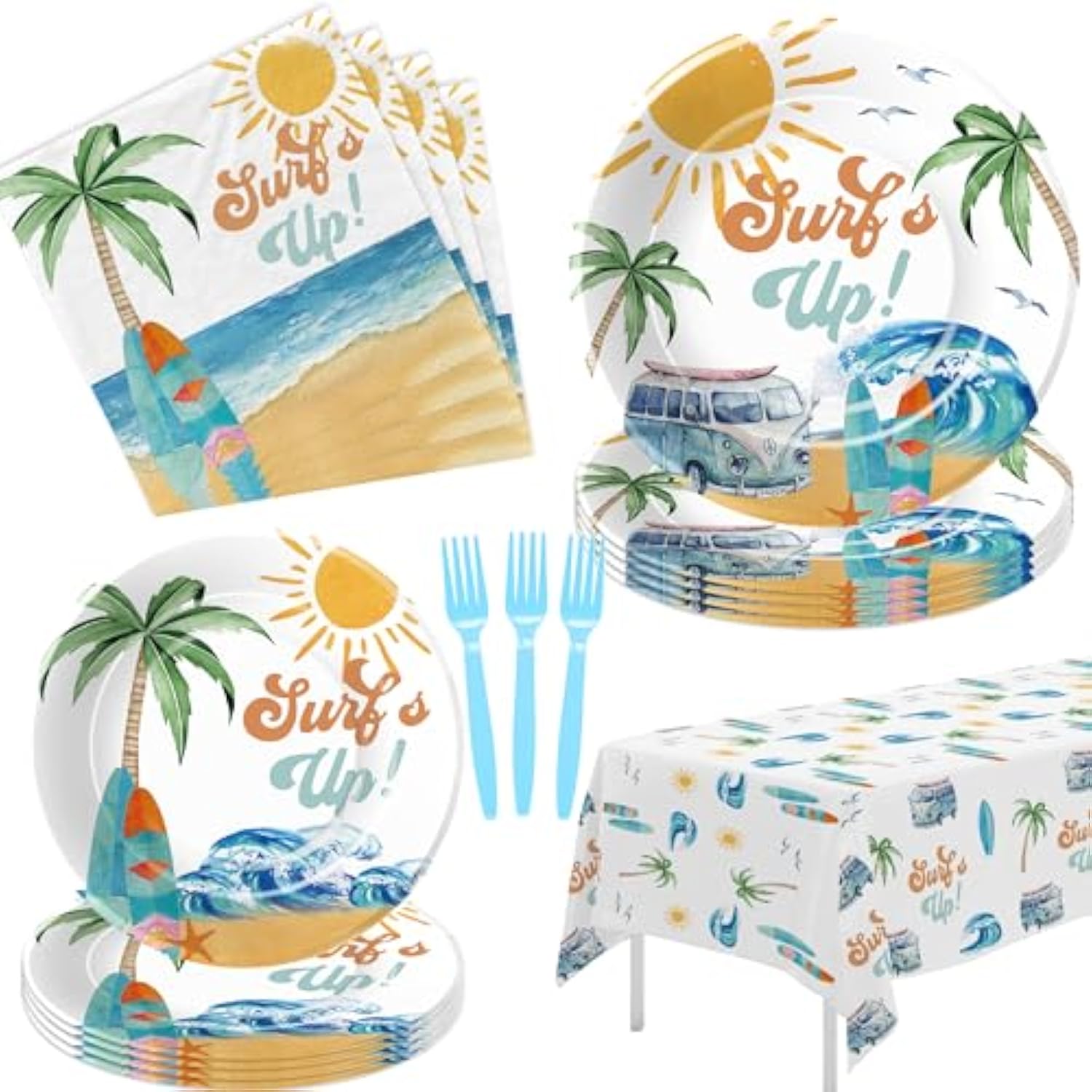Surf'S Up Birthday Party Decorations Tableware For Boys - Summer Beach Wave Surfing Birthday Party Supplies, Paper Plate, Napkin, Tablecloth, Fork | Serves 24