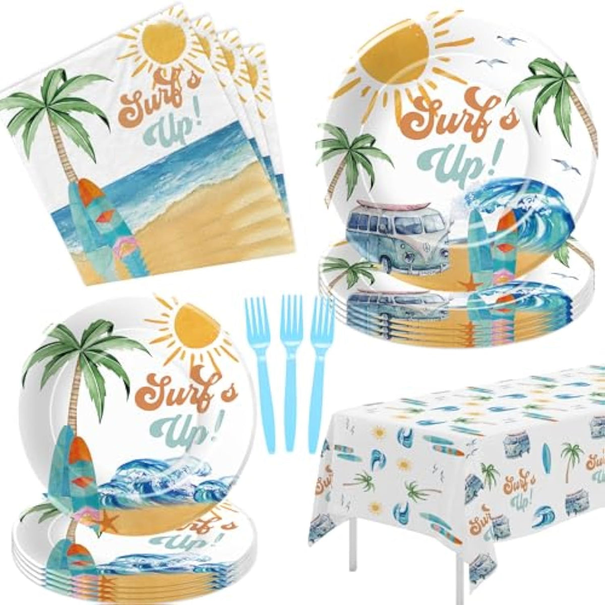 Surf'S Up Birthday Party Decorations Tableware For Boys - Summer Beach Wave Surfing Birthday Party Supplies, Paper Plate, Napkin, Tablecloth, Fork | Serves 24