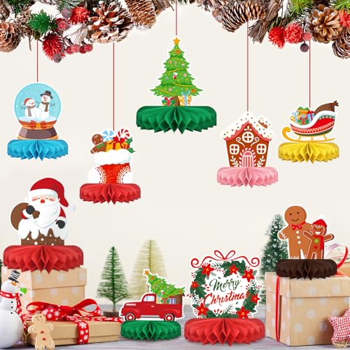 Merry Christmas Party Decorations Bundle - Includes Festive Christmas Honeycomb Centerpieces ?Santa Claus Snowman Table Toppers, Perfect for Classroom Decor, Christmas & Winter Birthday Party Supplies