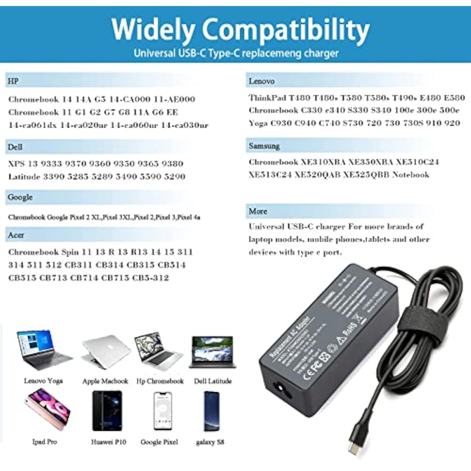 45W Usb C Charger For Lenovo Chromebook 100E 300E 500E C330 S330 C340 S340 Del