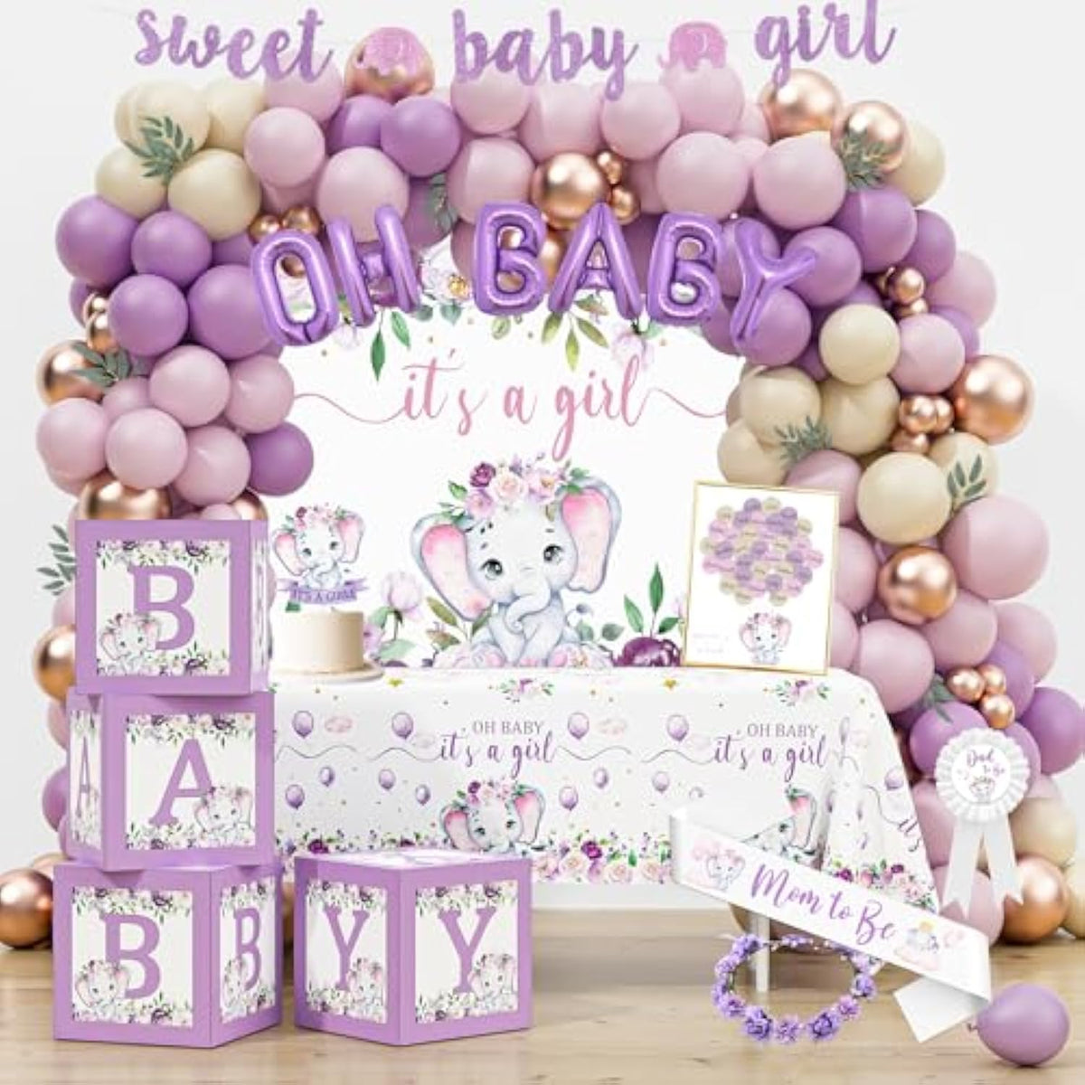 Elephant Baby Shower Decorations For Girl, Pink Purple Elephant Baby Shower Party Supplies, It'S A Girl Backdrop Tablecloth Elephant Balloon Arch Baby Box Sweet Baby Girl Banner Mom To Be Sash