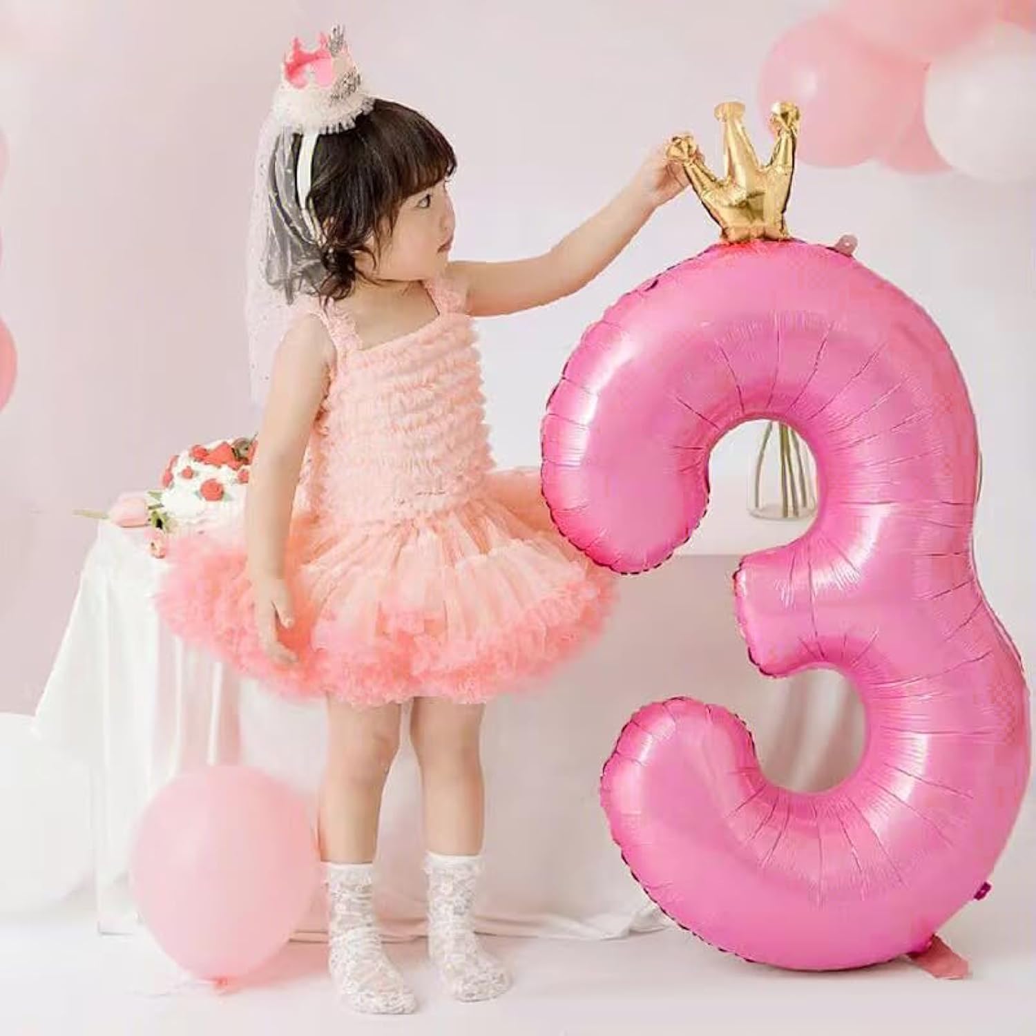 40" Pink Crown Number 3 Balloon for Girls’ Princess Birthday Décor