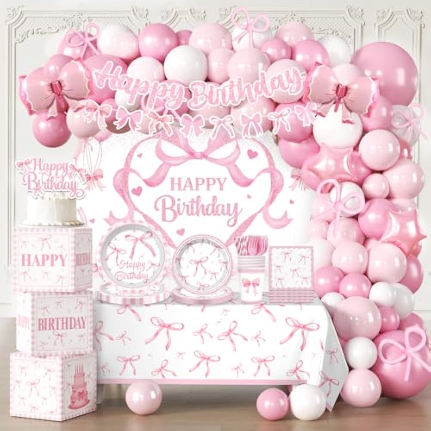 251Pcs Coquette Birthday Decorations, All-In-1 Pink Bow Birthday Pack With Pre-Strung Banner, Plates, Backdrop Tablecloth Balloon Arch For Bow Themed Party Decorations, Serves 20 Guests