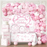 251Pcs Coquette Birthday Decorations, All-In-1 Pink Bow Birthday Pack With Pre-Strung Banner, Plates, Backdrop Tablecloth Balloon Arch For Bow Themed Party Decorations, Serves 20 Guests