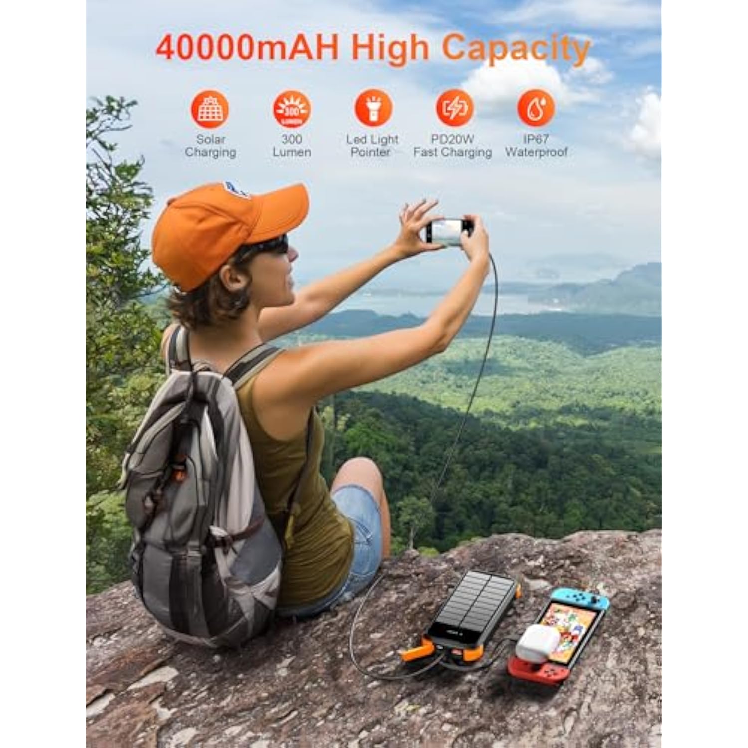 Solar Charger Power Bank, 40000Mah Portable Charger Pd 20W Fast Charging Solar Power Bank Built In 4 Cables And Usb-C In/Output, Camping Essentials External Battery Pack With Flashlights