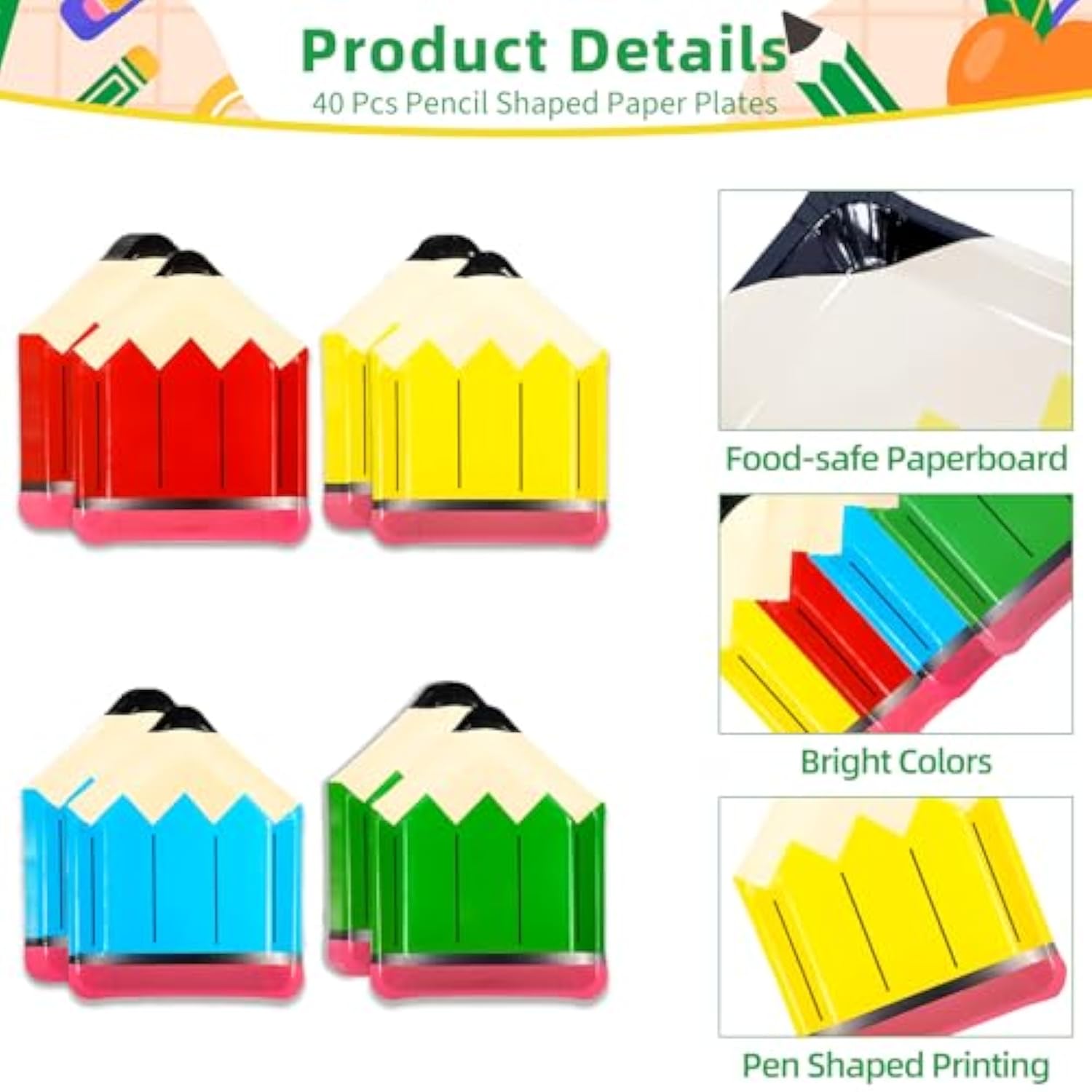 40 Pcs Pencil Shaped Paper Plates – 9 Inch 4 Colors Disposable Plates For Back To School, First Day Of School, Teacher Appreciation, Kids Birthday, Kindergarten Graduation Classroom Party Supplies