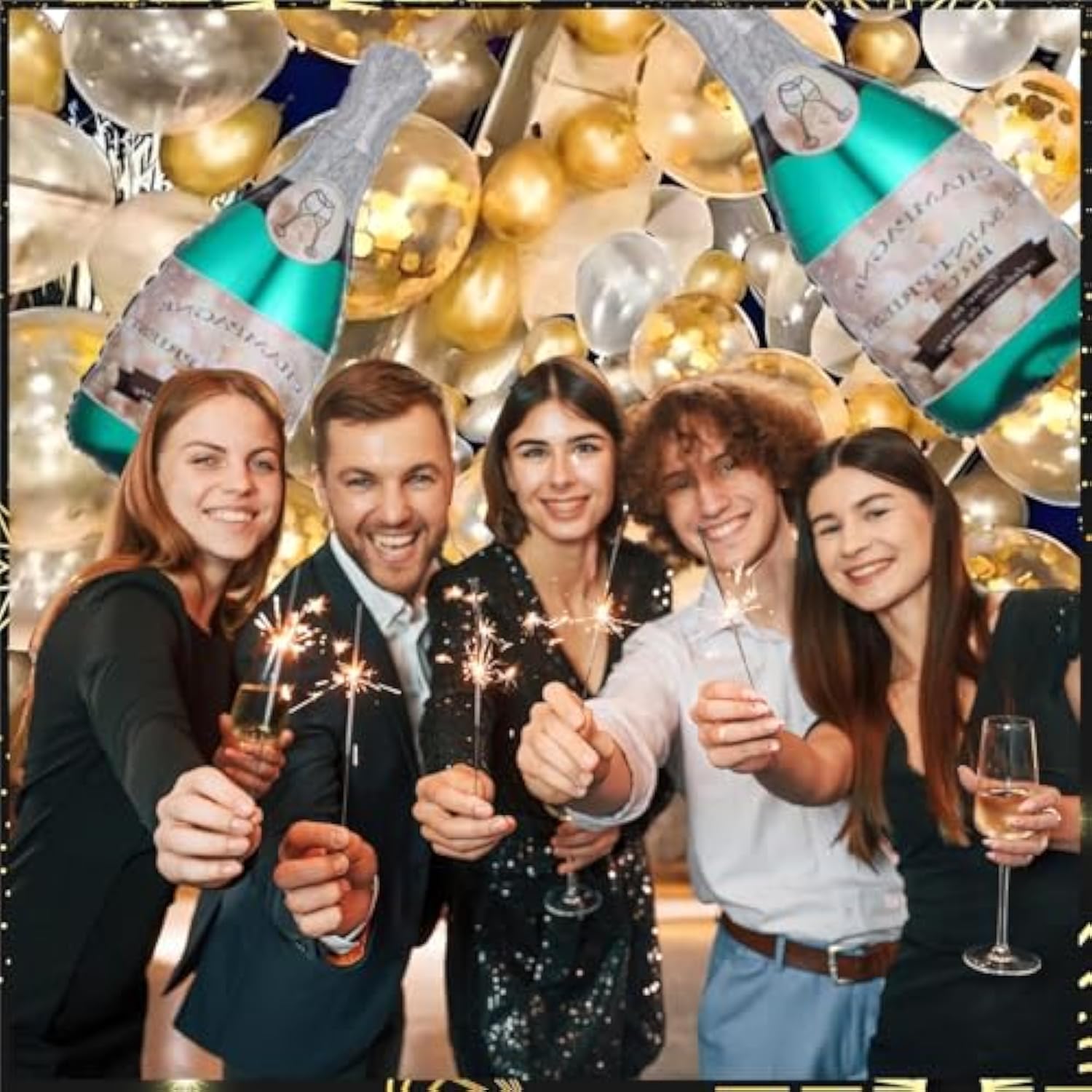Champagne Bottle Balloon Garland Arch Kit Gold White Happy New Year 2026 Party