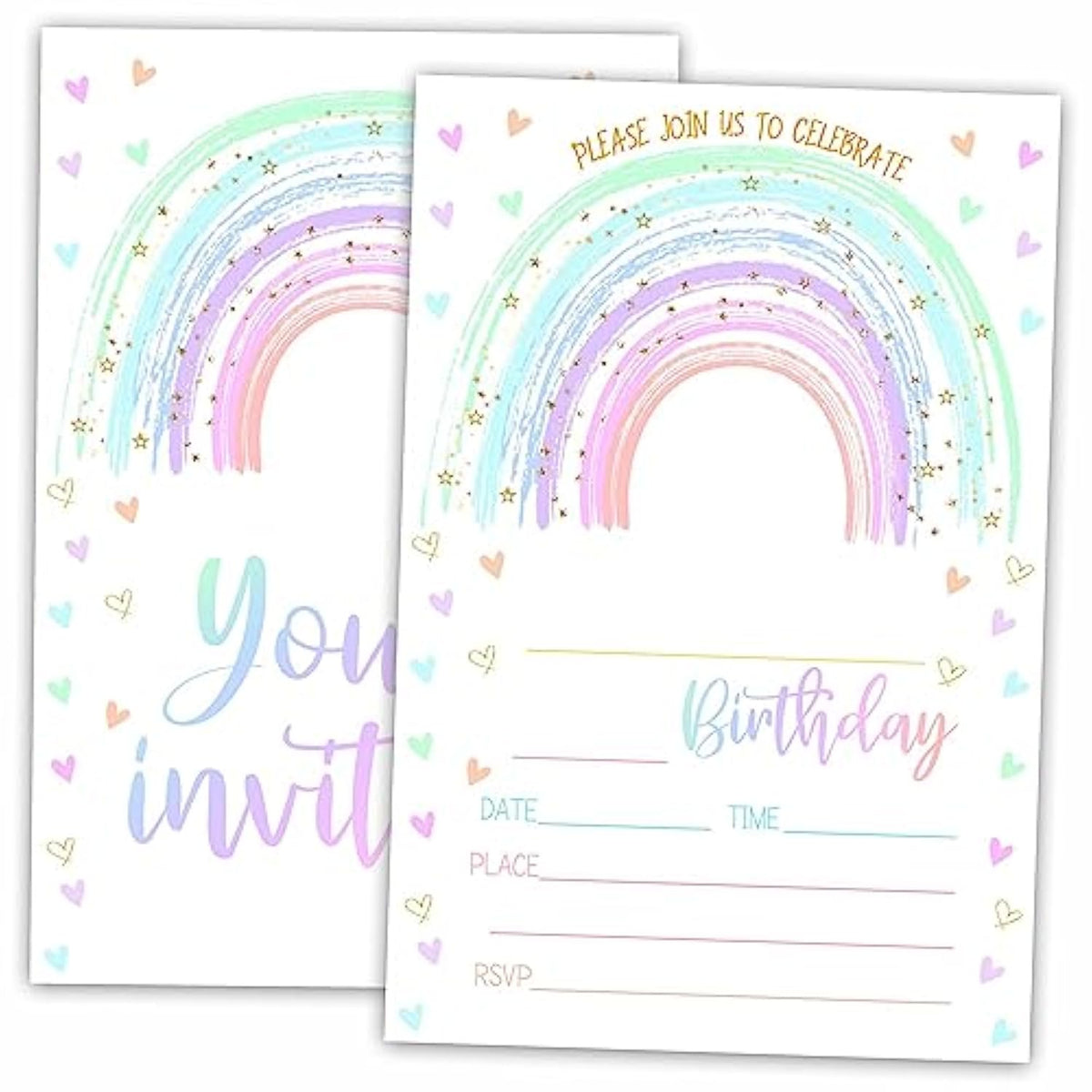 Rainbow Birthday Party Invitations, Pastel Invite Cards (20-Pack) With Envelopes, Birthday Party Supplies Decorations(4"X6")-C01