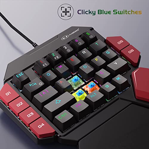 One Handed Professional Gaming Keyboard, Rgb Backlit 35 Keys Mini Wired Mechanical Keyboard With Blue Switch For Pc Gamer, Support 6 Macro Keys - Black/Red