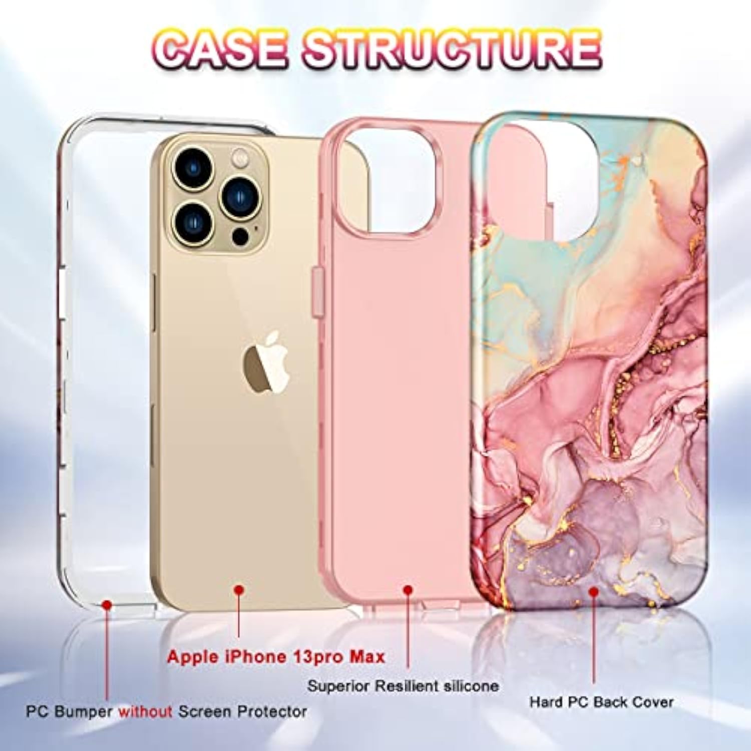 Compatible With Iphone 13 Pro Max Case 6.7 Inch 2021,Marble Pattern 3 In 1 Heavy Duty Shockproof Full Body Rugged Hard Pc+Soft Silicone Drop Protective Women Girl Phone Cases, Rose Gold