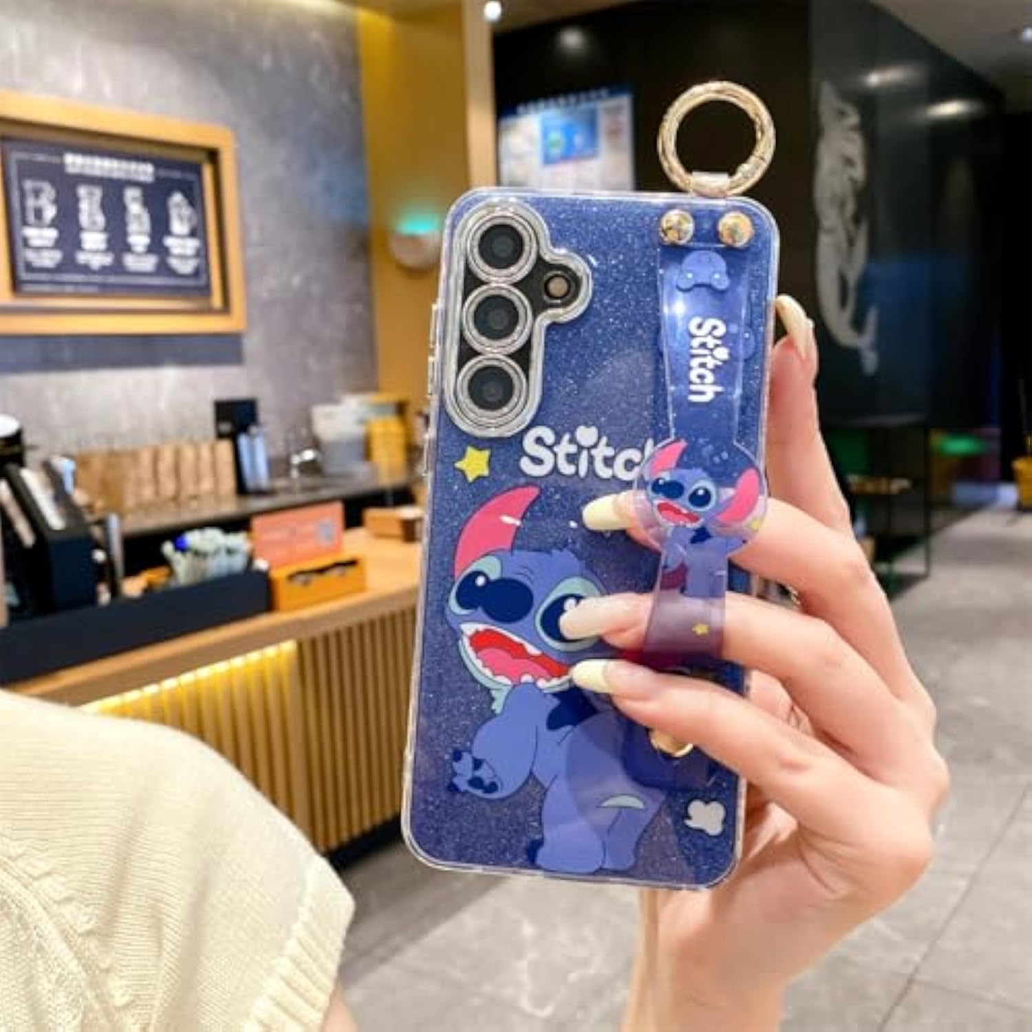 Cute Cartoon Glitter Case for Samsung Galaxy S24 with Wrist Strap Kickstand and Camera Lens Protector