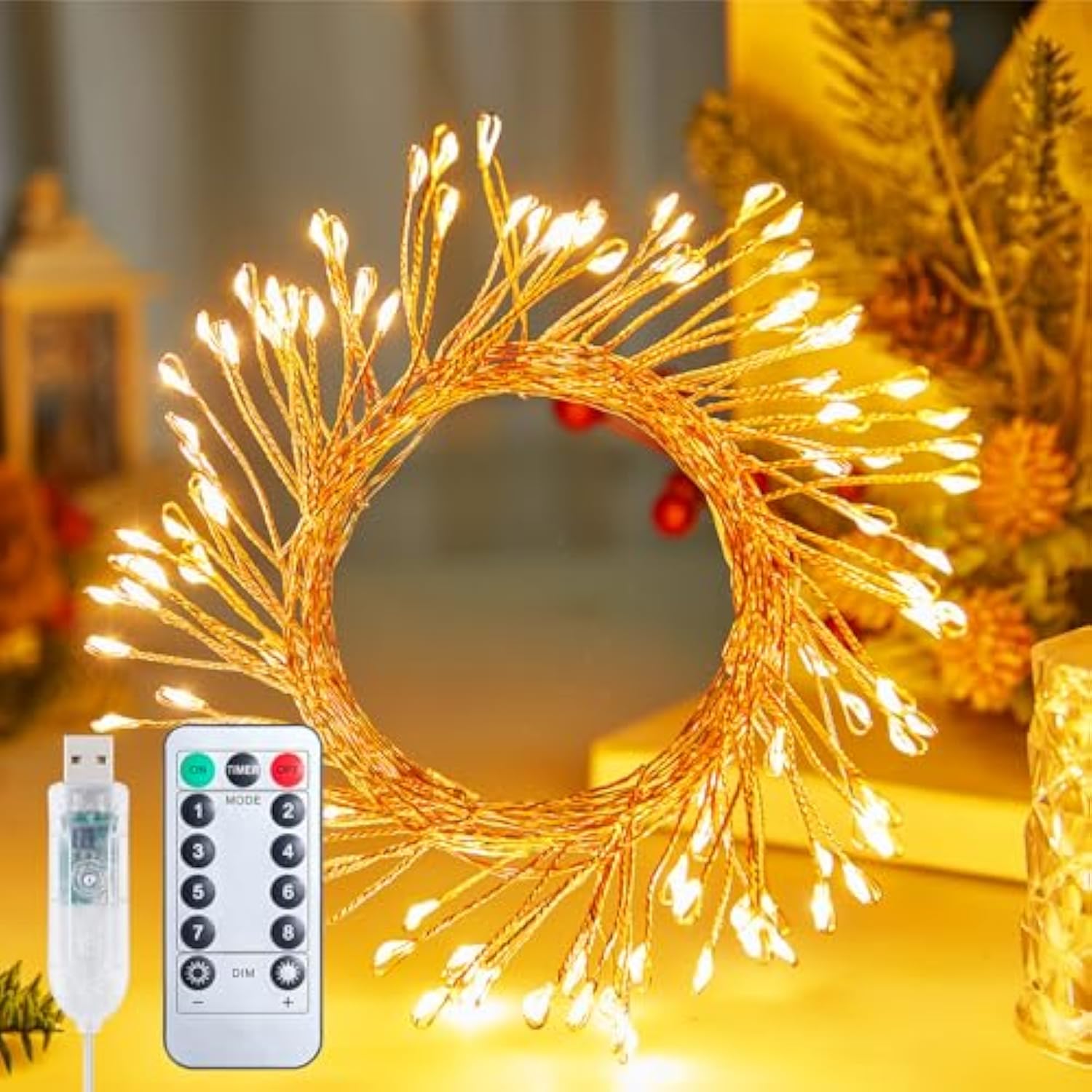 LED Firecracker String Lights 10Ft 120 LEDs USB Twinkle Lights with Remote