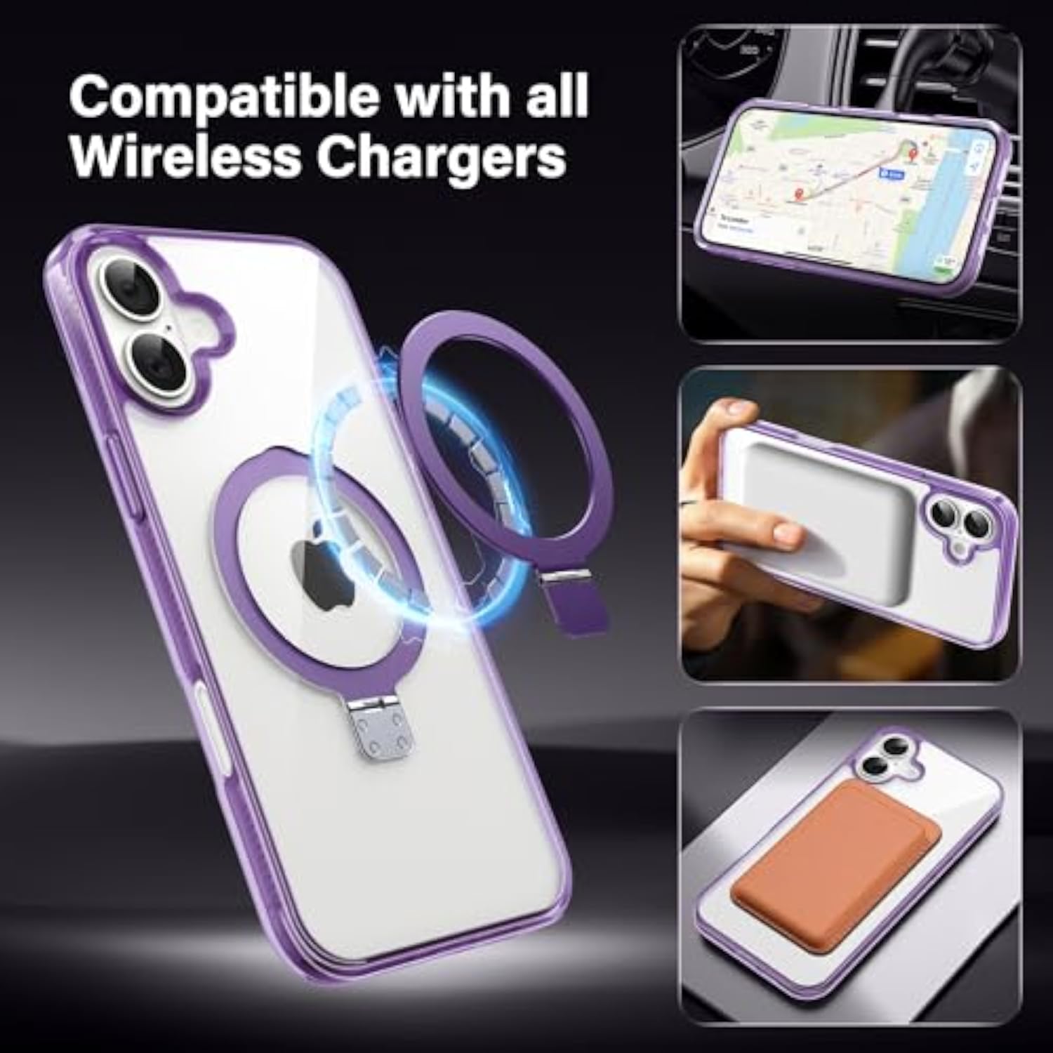 Clear Purple Magnetic Case for iPhone 6.1" - Built-in Invisible Stand Compatible with MagSafe Military Grade Drop Protection Anti-Yellowing Hard Back Silicone Edge Cover
