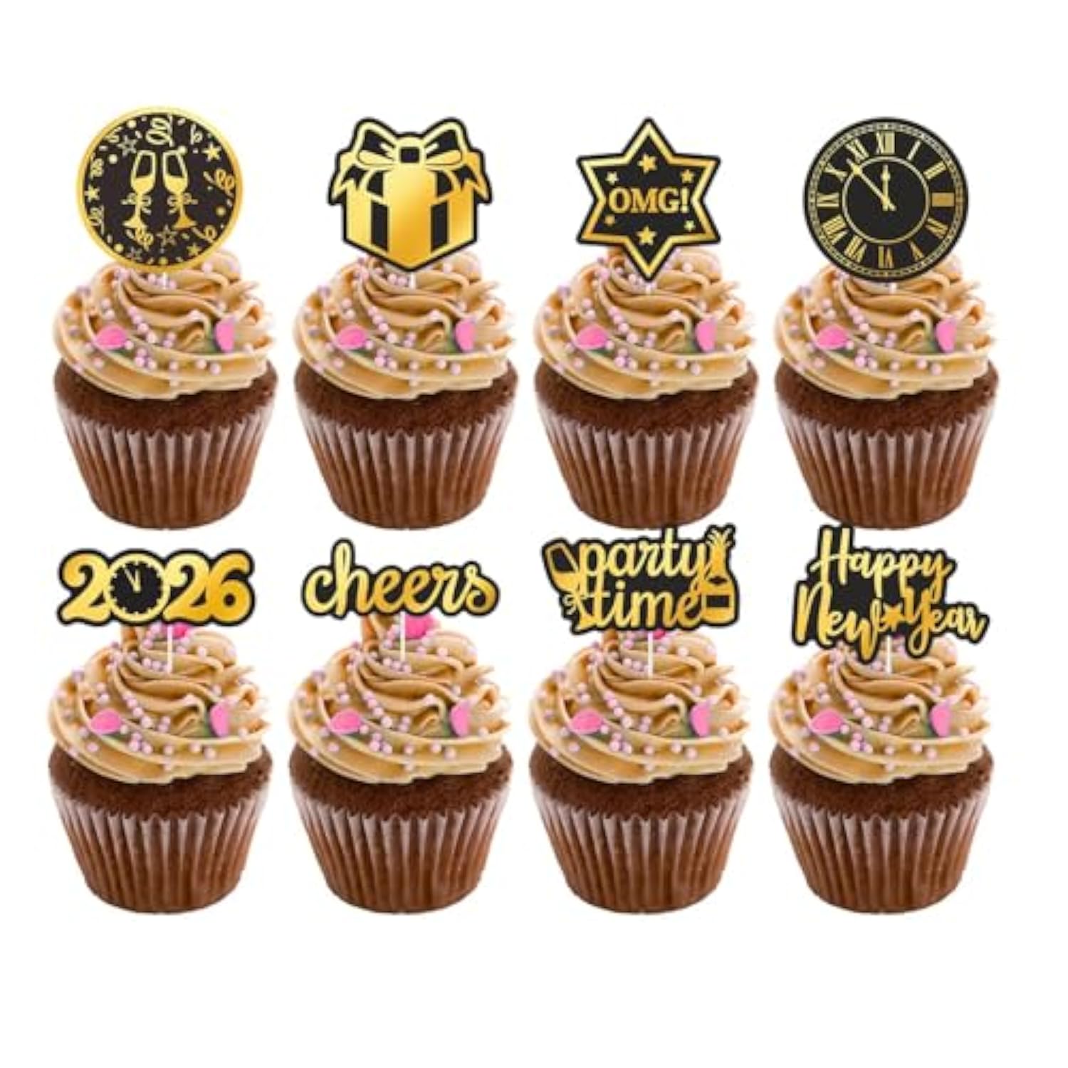 24pcs Happy New Year 2026 Cupcake Toppers Party Decorations