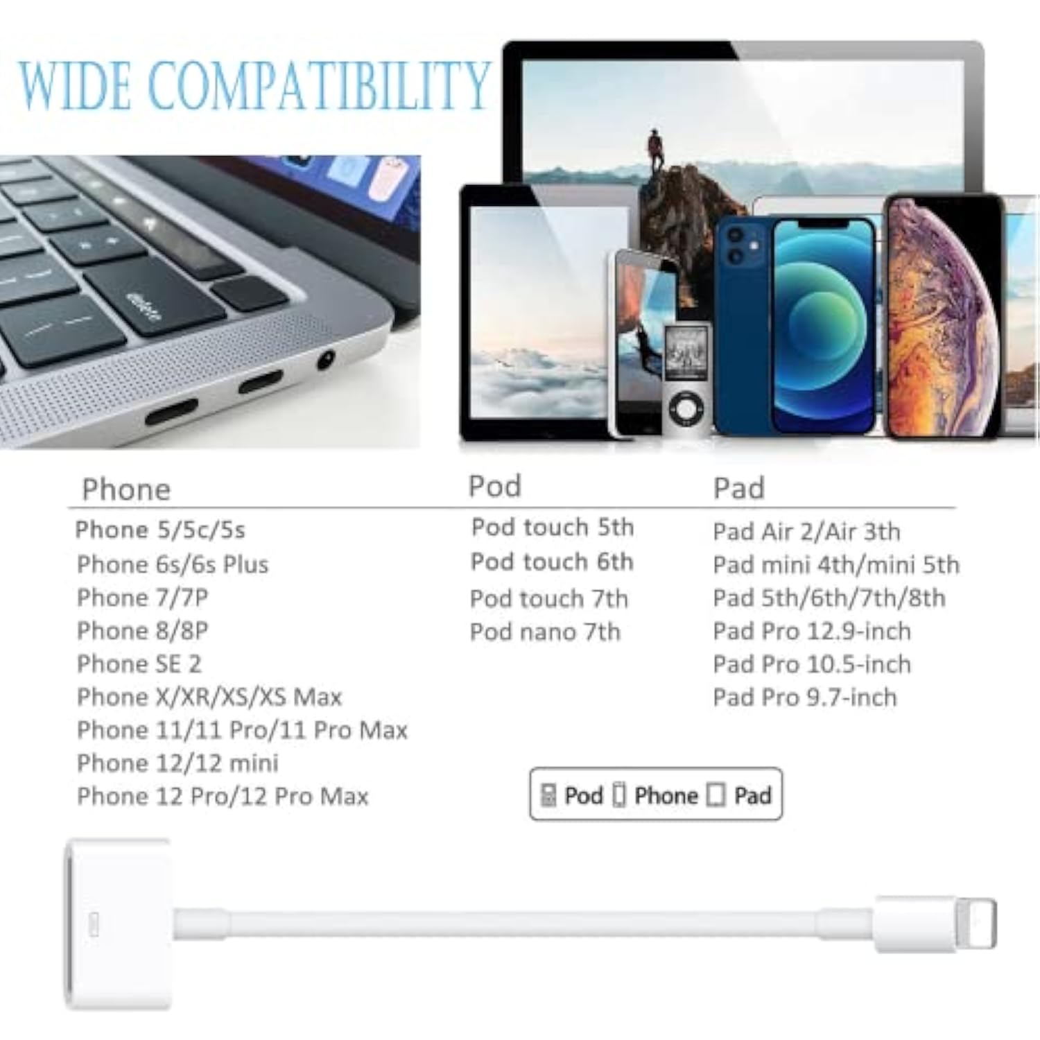 30 Pin To Lightning Adapter, Lightning Cable Adapter, 8-Pin Male To 30-Pin Female Connector Converter With Phone Charger Cable Cord Compatible Phone 14/13/12/11/X/8/7/6/5/4S/4/3/Pad/Pod (White)
