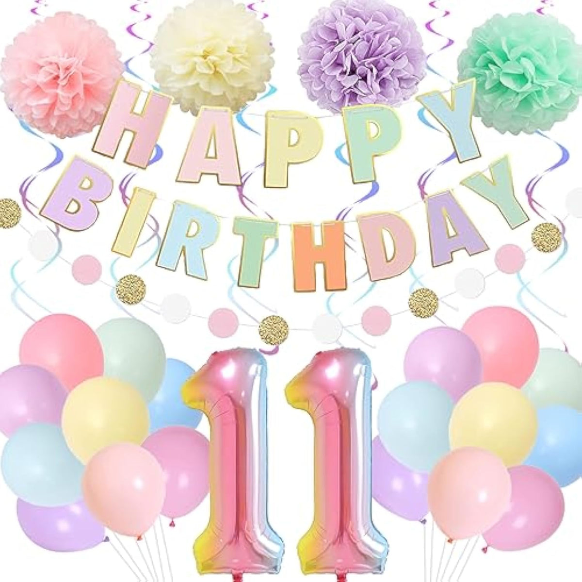 11Th Birthday Decorations, 40 Inch Rainbow Gradient Number 11 Balloon, Happy Birthday Banner, Children'S 11Th Birthday Party Supplies For Kids