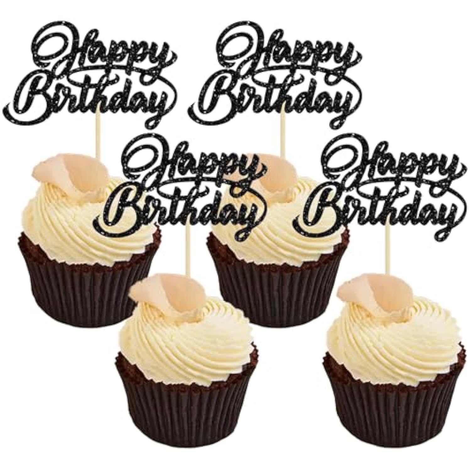 24Pcs Happy Birthday Cupcake Toppers Glitter Birthday Cupcake Food Picks For Celebrating Happy Birthday Party Cake Decorations Supplies Black