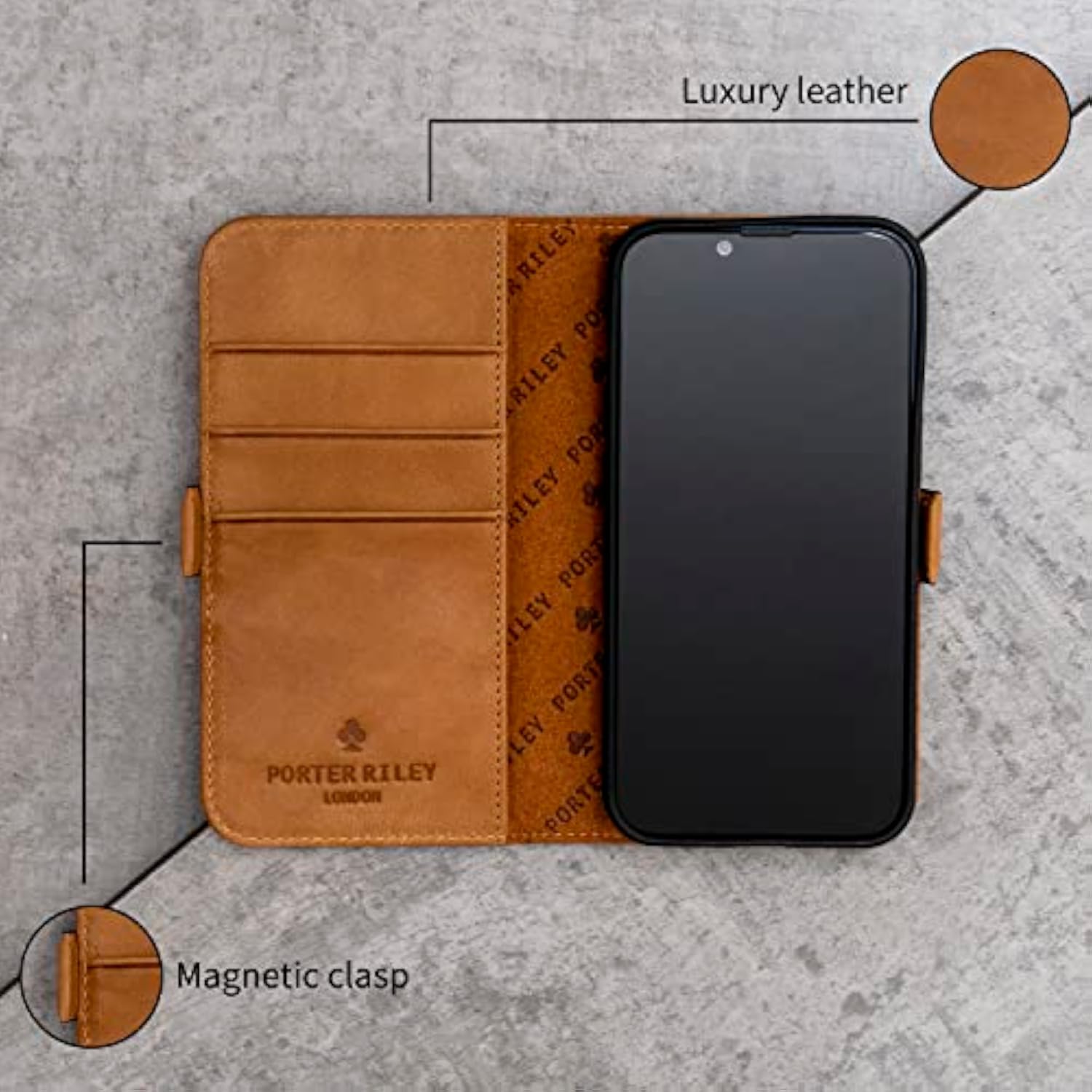 Leather Case for iPhone 14, Premium Genuine Leather Stand/Cover/Wallet/Flip Case with 2 Card Slots, Horizontal Stand, Durable Frame, Black/Tan
