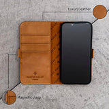 Leather Case for iPhone 14, Premium Genuine Leather Stand/Cover/Wallet/Flip Case with 2 Card Slots, Horizontal Stand, Durable Frame, Black/Tan