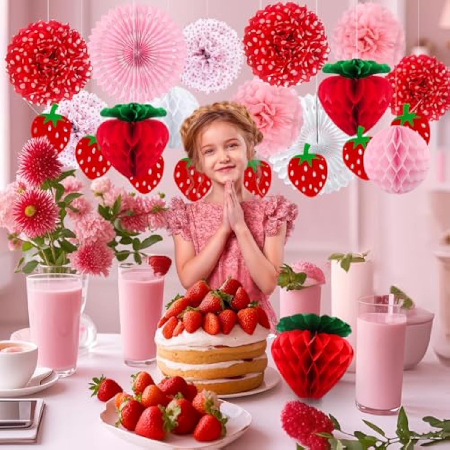 Strawberry Party Decorations Kit Red Pink White Tissue Pom Poms, Honeycomb Ball, Lanterns, Garland & Fans For 1St Birthday, Baby Shower, Bridal, Berry-Themed Girls Sweet Fruit Party Décor