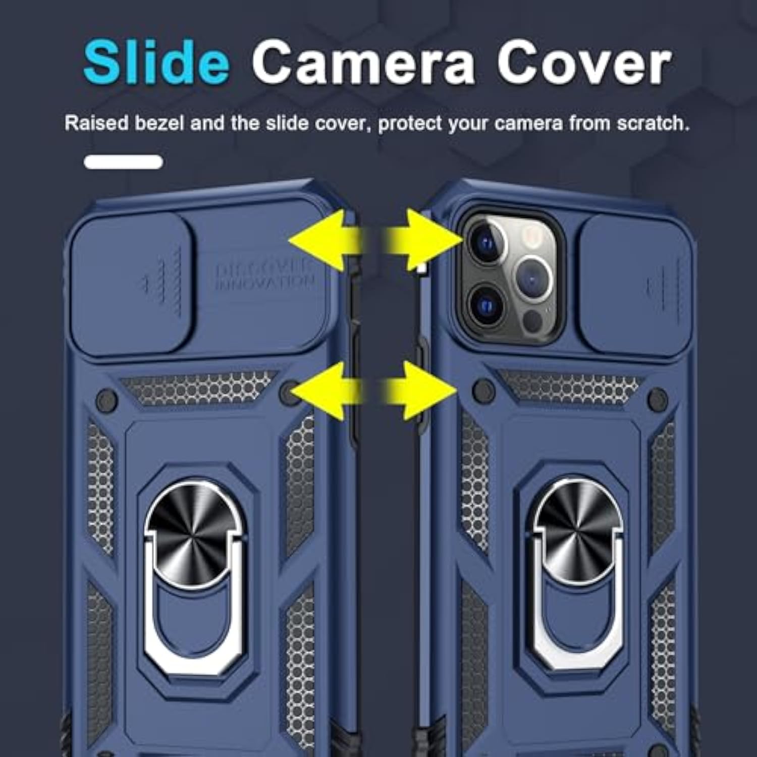 Case For Iphone 14 Pro Max Phone Cover Built In Slide Camera Lens Cover+Screen Protector,Heavy Duty Shockproof Full Body Phonecase With Finger Ring Holder Kickstand,Blue