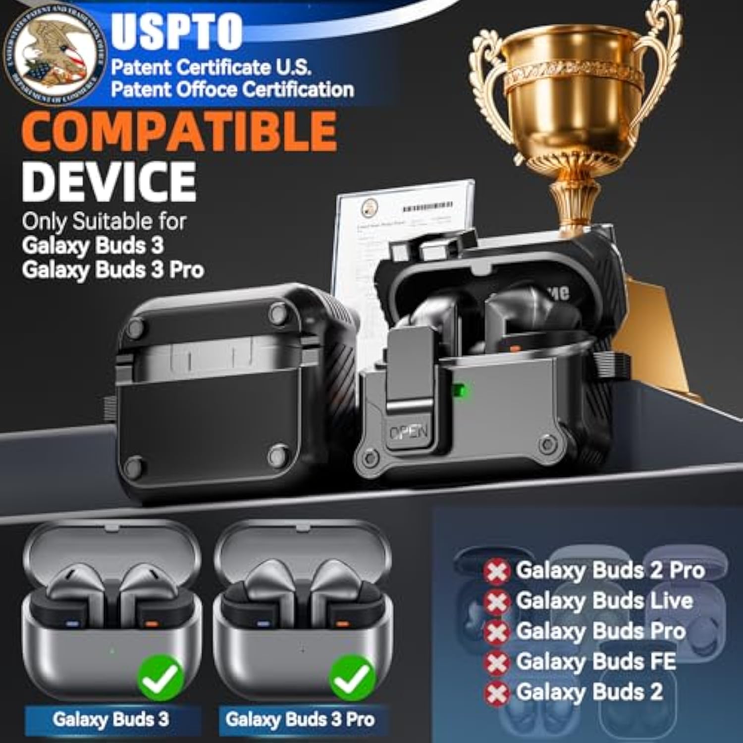 Upgraded Secure Lock Case For Samsung Galaxy Buds3 Pro And Galaxy Buds 3 (2024), Shockproof Hard Case Cover With Cleaning Kit & Keychain, Galaxy Buds 3 Pro Accessories, Auto-Open, Led Visible