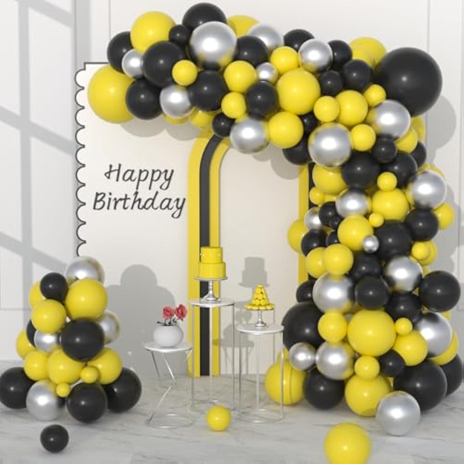 Yellow And Black Balloon Garland Arch Kit, 132Pcs Black Yellow Balloons Metallic Silver Balloons For Spring Lemon Daisy Honeybee Sun Birthday Wedding Baby Shower Anniversary Engagement Decorations