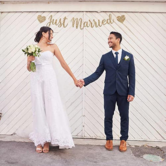 Pre-Strung Just Married Banner - No Diy - Gold Glitter Wedding Party Banner In Script - Pre-Strung Garland On 6 Ft Strand - Gold Wedding Reception Party Decorations & Decor. Did We Mention No Diy
