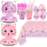 Cat Birthday Party Supplies Set, Kitten Tableware Includes Plates, Tablecloth, Cups, Forks And Straws For Kids Cat Party Decorations, Serves 20 Guest (A)