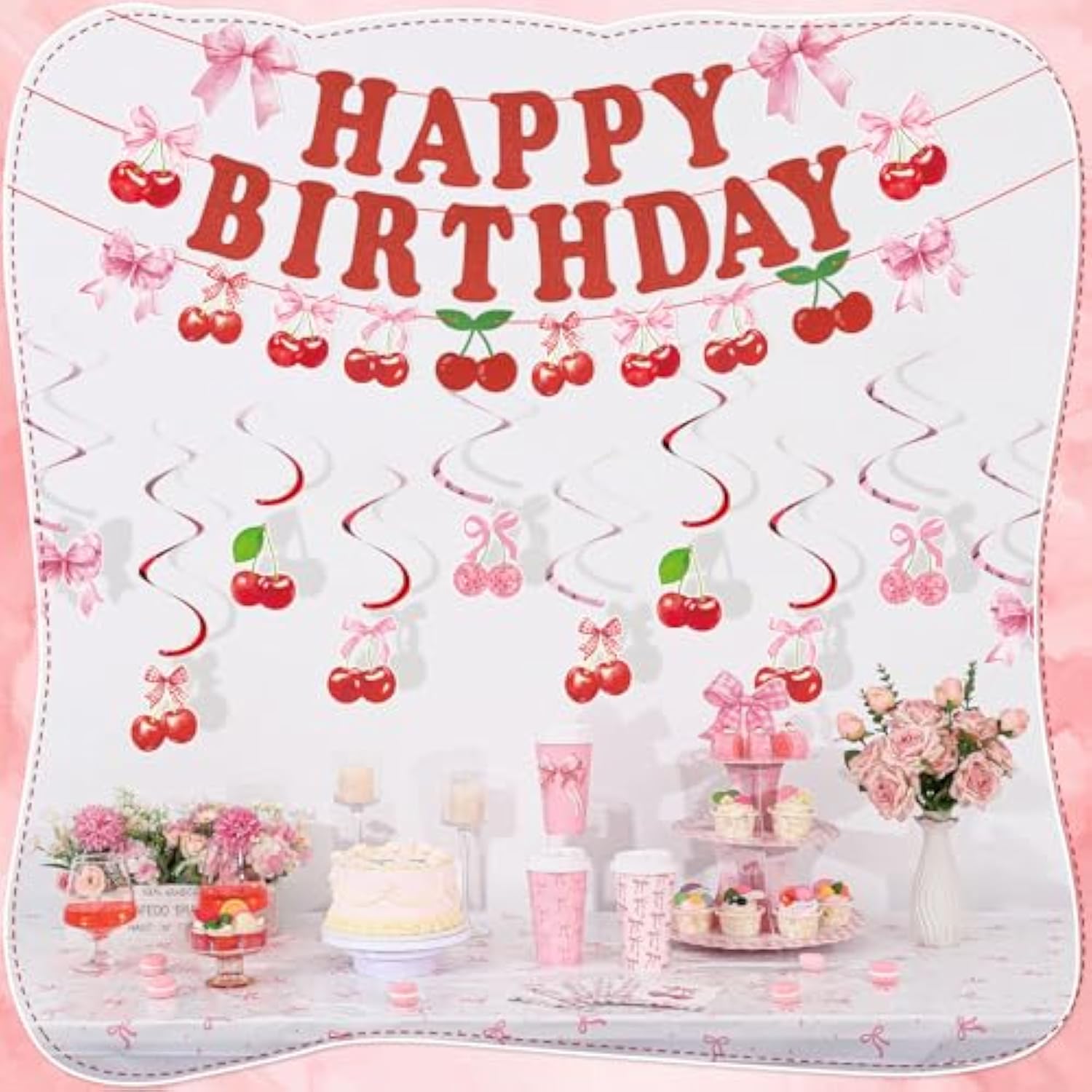 43 Pcs Cherry Party Decorations, Happy Birthday Banner With Cute Cherries Hanging Swirls, Summer Fruit Theme Cherry Party Decorations For Wedding Birthday Bridal Shower Baby Shower