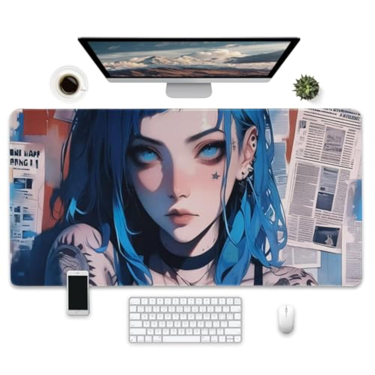Large Anime Gaming Mouse Pad, Blue Hair Girl Design, Extended Size Desktop Mat, 31.5 X 15.7 Inches, Non-Slip Base